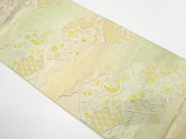 アンティーク　破れ地紙に槌車・時代人物模様織り出し袋帯（着用可）